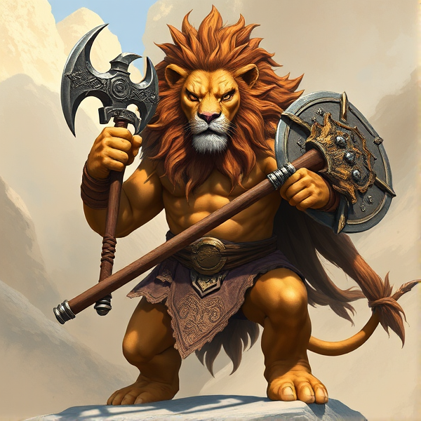 Un Lion barbare dieux du soleil une hache de guerre comme Léo escanor, avec des poils de lion et une carrure imposante