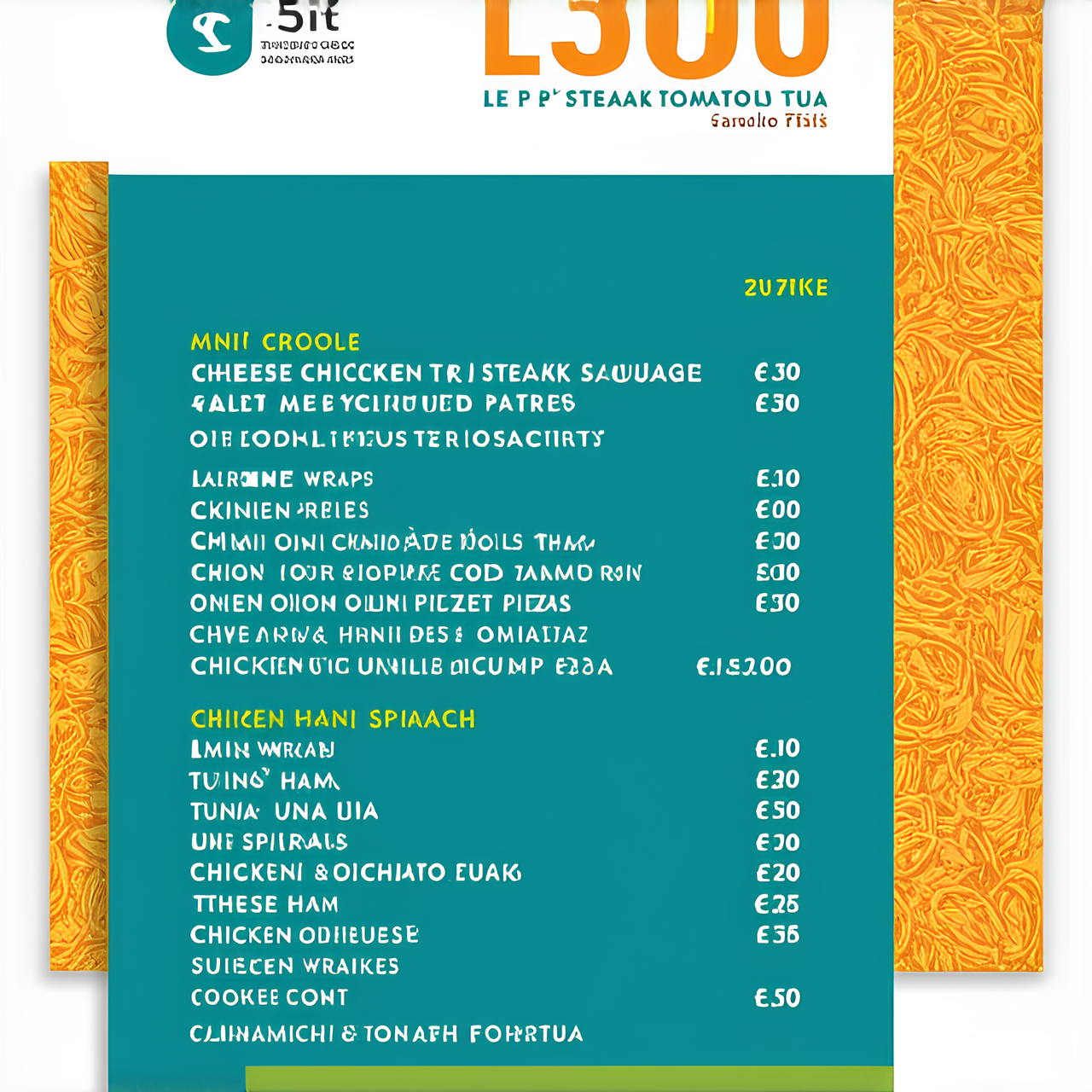 Je souhaite un magnifique Flyer assez féminin qui donne la liste des prix pour l’entreprise Le p’tit four. L’entreprise propose : Mini pâtés créoles poulet/steak/morue/saucisse                             1.50€

Mini roulées saucisses                                                                     0.50€

Wrap poulet/jambon fromage/ jambon/thon                                                 1€

Mini quiches oignon/poulet/ thon/Lorraine/épinards              1.50€

Mini tarte poulet/poireaux/thon/steak/tomates/épinards       1.50€

Mini friand fromage                                                                           1€ 

Mini bokit jambon fromage/poulet saucisse/morue/steak/thon   1€

Mini pizza tomate/jambon fromage/fromage/poulet/thon            1€