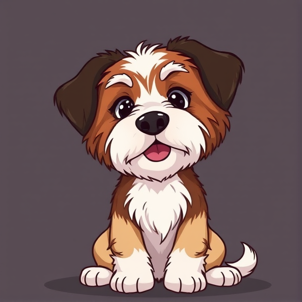 a cartoon of a brown and white tibetan terrier with black ears