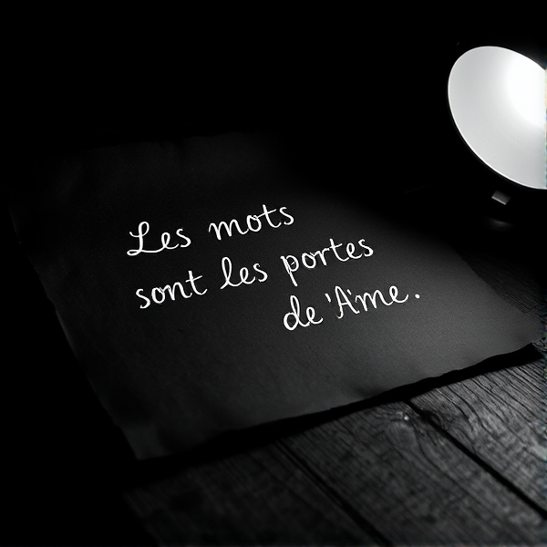 Une feuille épaisse et texturée de couleur sombre repose sur une table en bois ancienne, mise en valeur par un éclairage dramatique d'une lumière blanche provenant du côté, créant un jeu d'ombre et de lumière contrasté. Les mots délicatement inscrits sur la feuille avec une écriture cursive élégante et fine sont illuminés par cette lumière, ressortant clairement contre l'obscurité ambiante. L'ambiance générale de l'image est intime et chaleureuse, malgré le choix du noir et blanc qui renforce l'esthétique vintage et le sentiment de nostalgie. La phrase est " LES MOTS SONT LES PORTES DE L'AME"