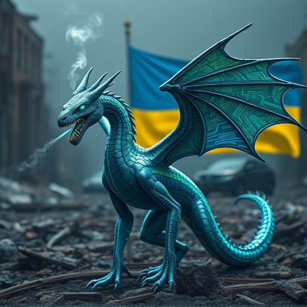 An exquisitely crafted wyvern, sleek and aerodynamic, with a pair of majestic wings adorning either side of its sinewy frame. Its scales are a marvel of complexity, akin to miniature circuit boards with interwoven lines that pulsate with an artificial glow, simulating the rhythmic beat of life. Plumes of digital smoke waft from its nostrils in sync with the deep, vibrating growls that reveal razor-sharp fangs aglow with electrical energy. To honor cultural heritage and solidarity, elements reflective of the Ukrainian flag's blue and yellow hues are weaved into the creature's design. The wyvern stands dominant against a backdrop of stark ruin and decay characteristic of a world after collapse; in the distance unfurls the Ukrainian flag—halved horizontally, celestial blue atop vibrant yellow.