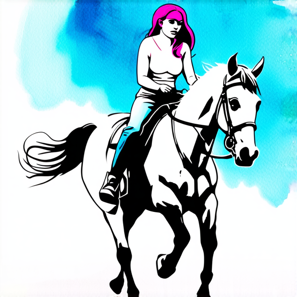 Aquarrelle : De profil, image de tete au pied,  Une femme aux chauveux rose fushia, sur un cheval qui galoppe. elle porte un jean, elle a les chauveux lachés