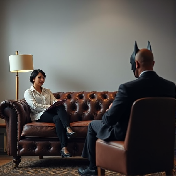 batman dans un chesterfield canapé face a un homme psychologue