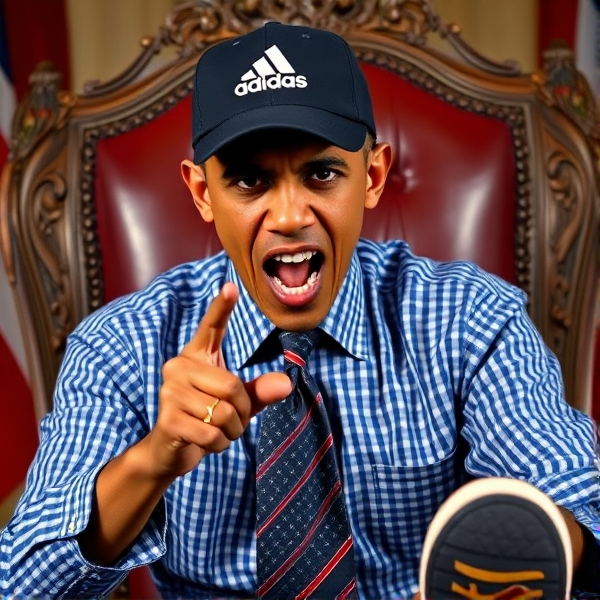 Barack Obama en casquette adidas  3 lignes, assis sur un throne  , regard extrêmement fâché en train d'hypnotiser avec un regard écrasant , geste de main suggestif comme un maître de l'hypnose en chemise à carreaux  bleue vichy et longue cravate drapeaux Amérique  obama pointe du doigt et écrase sans pitié , lèvres et langues puissantes , regard sans pitié et hypnotique 
Il montre les semelles de ses sneakers adidas et ordonne de les respirer
