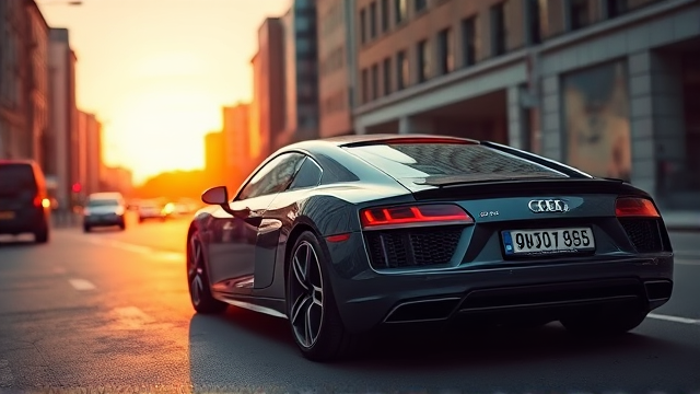 Audi R8 parked on a city street at sunset, sleek body reflecting the warm light, with clear details showing its iconic design and luxury features
