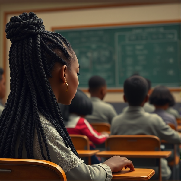 des filles noires avec des tresses africaine et garçons assis dans une classe face au tableau