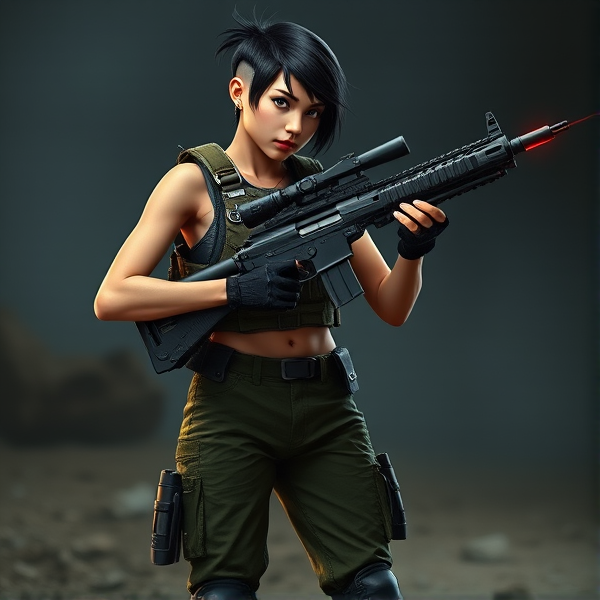 Young skinny Caucasian girl that is a space marine holding a large laser rifle. She has black hair cut in a short undercut with one side shaved. She is wearing a bulky tactical vest that exposes her bare arms. She has on baggy low-rise tactical cargo pants and combat boots.