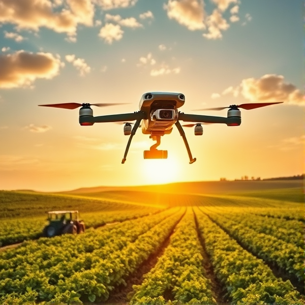 Un drone agricole de pointe, doté de capteurs high-tech, vole au-dessus d'un champ étendu et verdoyant sous un ciel lumineux parsemé de nuages épars. Le soleil couchant baigne le paysage vallonné dans une lumière dorée qui met en valeur les ombres douces et les teintes chaleureuses. Le drone examine avec une précision extrême la santé des cultures pour optimiser leur rendement. Il affiche des expressions anthropomorphes fines, traduisant l'étonnement face à sa propre efficacité. Autour de lui, diverses machines automatisées travaillent à l'agriculture de précision. La scène est capturée en vue aérienne, offrant un panorama large et détaillé qui illustre l'union harmonieuse entre la nature luxuriante et les avancées technologiques. Un réalisme poussé est attendu avec un soin particulier apporté aux textures végétales et aux reflets métalliques sur les machines.