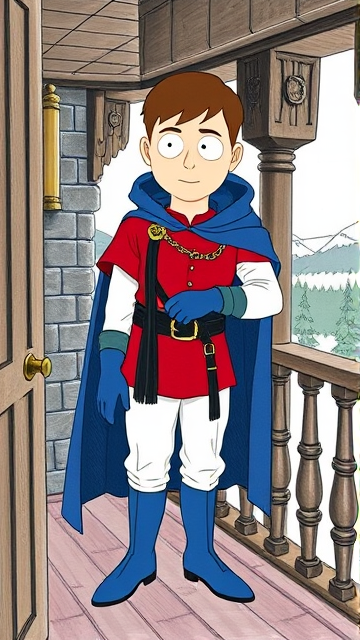 Clyde Donovan from South Park, light skin and brown hair, but as a 14-Year Old, dressed as a medieval prince with a red shirt with white sleeves, a black belt with a gold buckle, white pants, blue boots, blue long-cuffed gloves, and wreathed in a big, ankle-length blue hooded cape, now known as Prince Donovan. Despite still being a kid, he is the Youngest Ruler of South Park, Colorado, but now reborn as the real life Kingdom of Kupa Keep, Zaron, and Prince Donovan is its youngest and greatest hero. The young teenage prince of Kupa Keep is currently standing on his bedroom balcony in his new home of Kupa Keep Castle, looking at the amazing view of his newfound kingdom that was once the small mountain town he knew before.