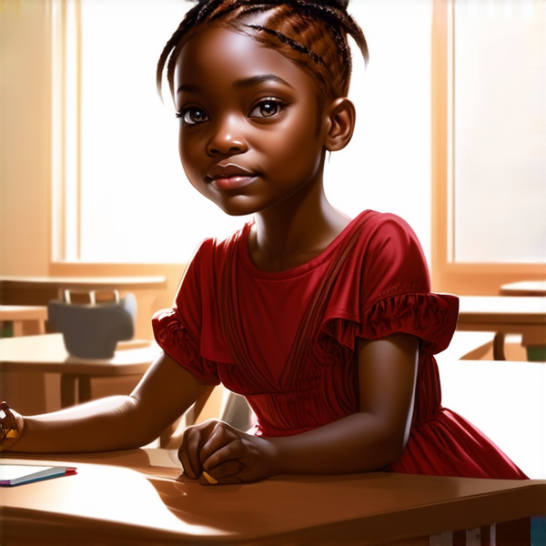 jolie petite fille noire de 8ans en robe avec des tresses africaines assise sur un bureau dans une salle de classe
