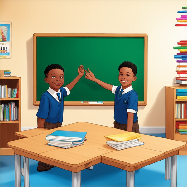 deux garçons noirs de 14 ans, vêtue d'uniforme scolaire , debout souriante et concentrée devant un tableau noir rempli de regles d'orthographe en français  dans une salle de classe ensoleillée et colorée avec des bureaux en bois et des affiches éducatives sur les murs