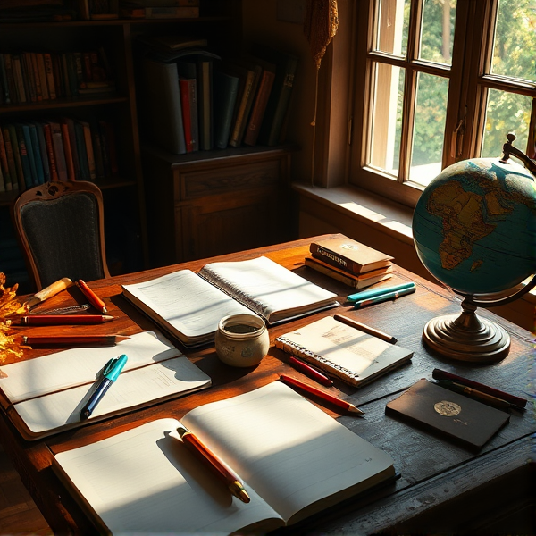 table en bois éclairée par la lumière naturelle de la fenêtre, couverte de fournitures scolaires comme des cahiers ouverts, des stylos, des crayons, une trousse et un globe terrestre  .
