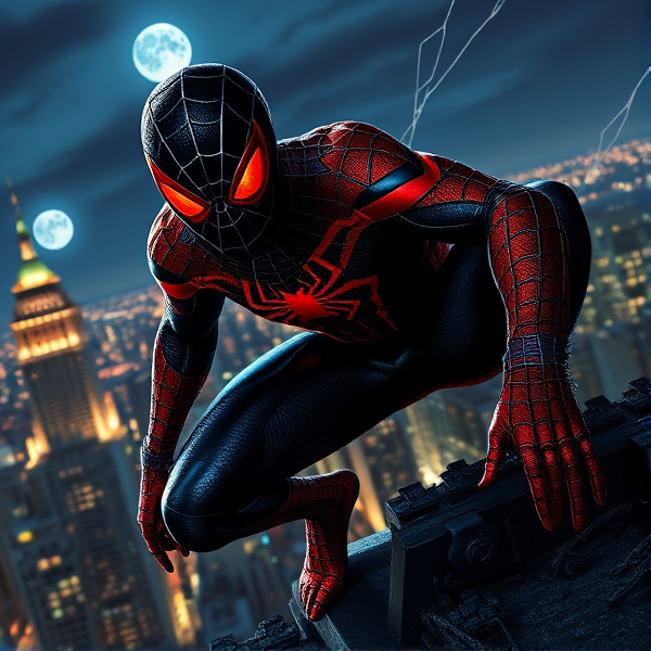 Un Spiderman noir et rouge avec une texture organique rappelant la peau d'un reptile, yeux rouge sang incandescents qui brillent dans l'obscurité, position de combat dynamique sur le toit d'un gratte-ciel la nuit avec des reflets de la lune sur ses fils d'araignée, ville illuminée en arrière-plan
