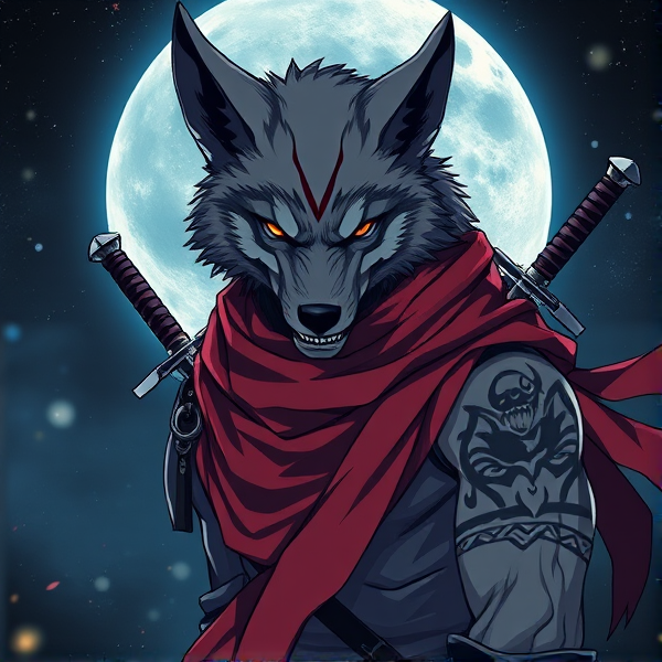 Loup roublard maitre de la lune avec un écharpe rouge autours du cou et avec deux épées dans le dos et un tatoo tribal au bras