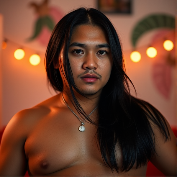 A Filipino gay man with long black hair, slightly chubby, with