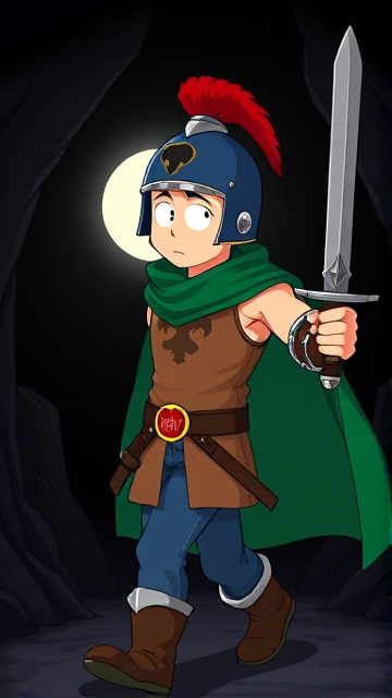 Stan Marsh from South Park, light skin and black hair, but as a 14-Year Old teenager with an extremely muscular torso, dressed as a medieval knighted warrior with a light brown tank top, a black belt with a red buckle adorned with a castle emblem, with a few pouches and the scabbard for his sword attached to it, blue jeans, steel armored boots, jeweled wrist cuffs, a big green cape, and a blue helmet with one silhouetted buffalo head emblem on both sides, outlined by silver steel rims lined around and across the top, with a long red feather sticking out at the top, now known as Sir Marsh. Despite still being a teenage kid, he is the Youngest Commander of the Zaronian Army, and one of the youngest and greatest heroes hailing from South Park, Colorado, but now reborn as the real life Kingdom of Kupa Keep, Zaron. His weapon is the legendary enchanted sword called the Slashing Blade Of The Ranger, which he swings with pride as he slashes his enemies down to size. The young teenage warrior knight is currently walking through a dark cavern, on a quest to find a mysterious enchanted artifact.