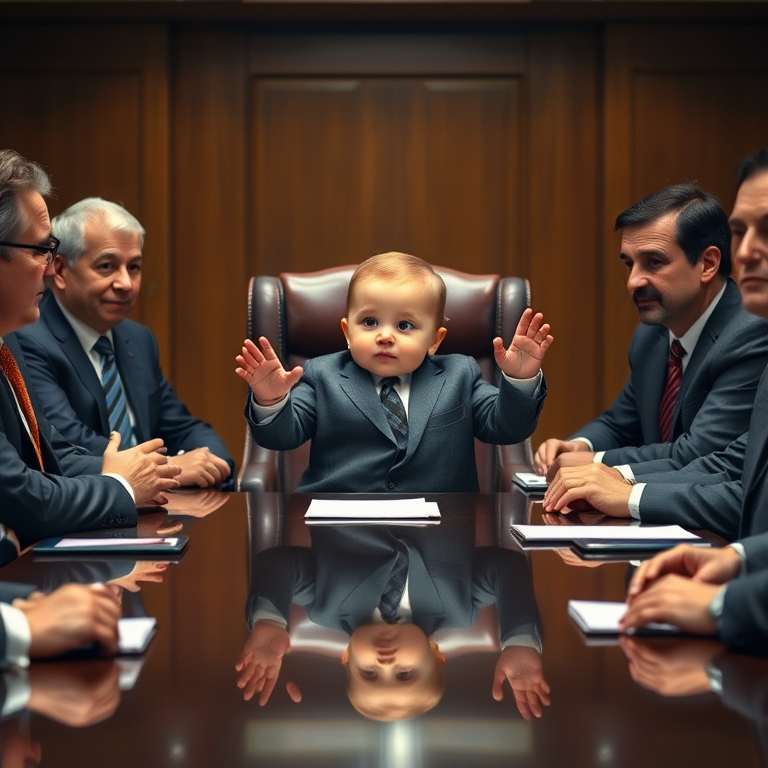 Infant dressed in a business suit presiding over a corporate boardroom meeting, seated authoritatively in the central chair with all present board members—a diverse mix of senior executives—intently focused on the child as it gestures commandingly