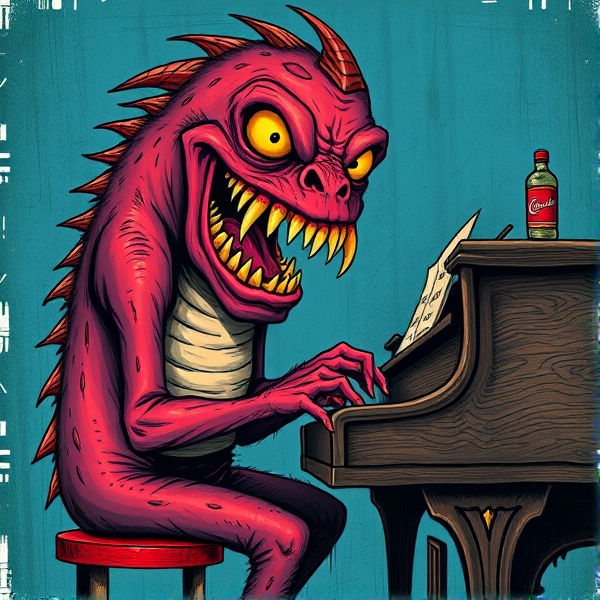 Album cover with a monster with yellow teeth playing piano