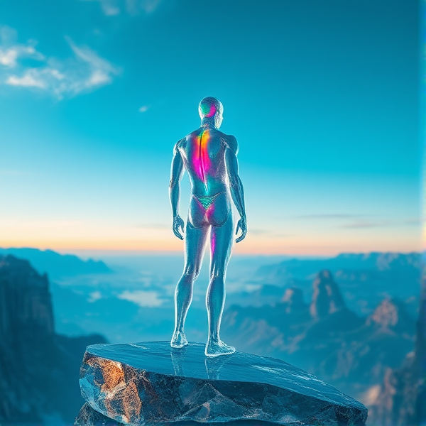 A crystalline humanoid figure stands at the edge of a glass-like cliff, peering over into a vast valley that seems to glow with an ethereal light from within. The figure is translucent, with a spectrum of light radiating from its core, casting colorful refractions onto the clear ground. Anticipation is etched into its posture, as if awaiting an imminent event. Behind it, a sky painted in pre-dawn hues stretches out, hinting at the first light of day yet to break. The style is hyper-realistic with acute attention to detail, emphasizing textures and reflections of the transparent surfaces. Soft ambient lighting enhances the sense of depth and clarity, while a low-angle view point emphasizes the figure's overlook into the valley below, creating a sense of depth and scale.