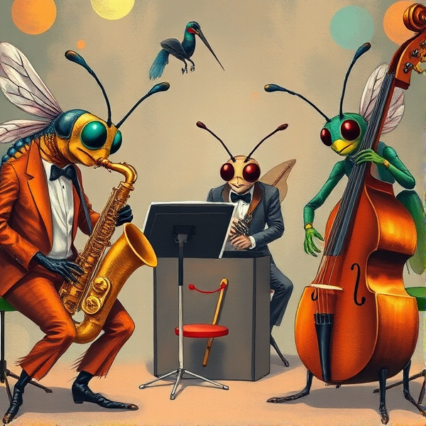 Affiche d'art représentant des insectes musiciens habillés en tenue de concert, jouant divers instruments  saxophone, trompette, contrebasse dans un orchestre de jazz sophistiqué, style anthropomorphe, avec une riche palette de couleurs et des détails fins à la manière des œuvres de Colette de B, le tout composé dans une esthétique giclée dynamique