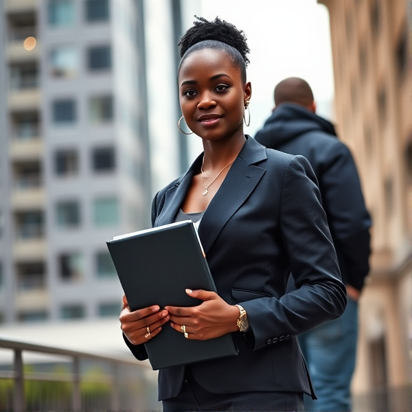 young African woman dressed in a stylish business suit, confidently holding a binder in her hands against an urban backdrop with a man behind her with jean and sweat shirt