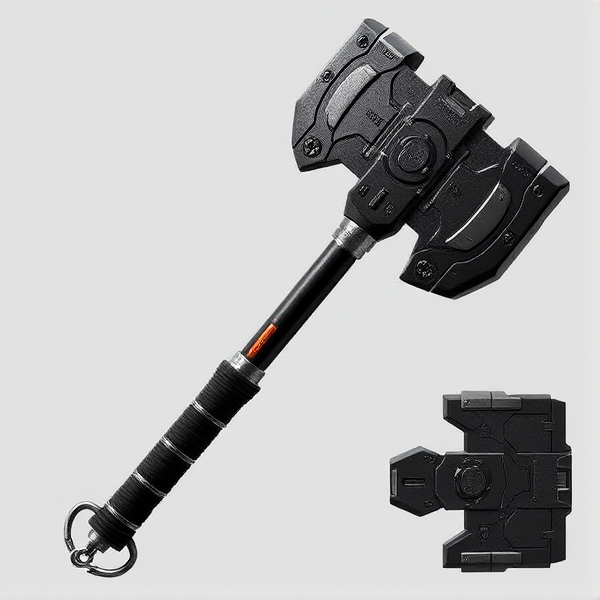 **Appearance:**

- **Design:** A hefty, warhammer-style melee weapon with a large, broad head designed for powerful impact.
- **Finish:** Dark, battle-worn steel with rugged, tactical accents. The hammerhead features reinforced edges and etched battle scars.
- **Handle:** A robust, reinforced handle wrapped in a high-grip material, with metallic bands for added durability.
- **Details:** The hammer might have additional design elements such as faint glowing lines or energy conduits along the head, hinting at its staggering effect. The weapon’s overall look combines practicality with a rugged, industrial aesthetic.