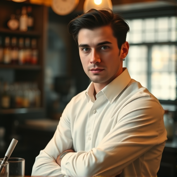 1910 bartender with dark hair wearing a plain white shirt with rolled up sleeves to elbows