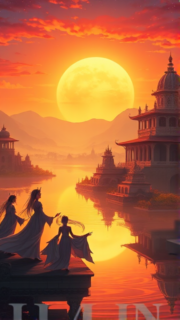 A grandiose landscape with a colossal, radiant sun setting behind ancient, ornate temples, its last rays casting golden hues over a tranquil river that reflects the scene. The sky is a tapestry of warm colors transitioning to a starlit dusk. Ethereal figures clad in regal attire bask in the glow, their expressions are ones of serene triumph as if they are timeless guardians of this realm. The entire scene is framed by an aura of mystique and awe, embodying the concept of 'everlasting glory'.