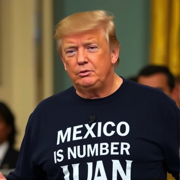 Donald Trump wearing a shirt that says "Mexico is number Juan"