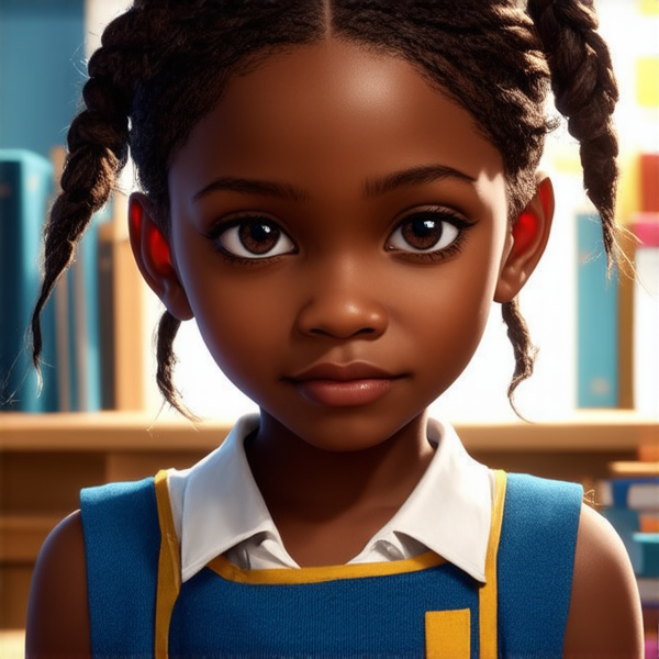 A young 8-year-old African girl with intricately braided hair deeply engrossed in her studies, surrounded by books and educational materials, her expression showing concentration and determination