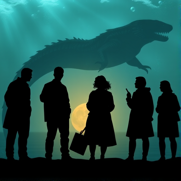 Silhouette was 5 scientists (4 male and 1 female) with a sea serpent in the background