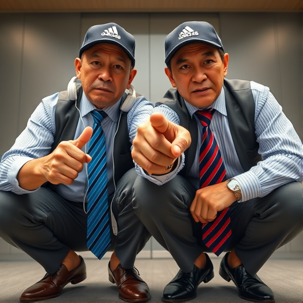 Deux  différents hommes d'affaires japonais puissants mature  accroupis et faché  portant des casquettes Adidas  et des cravates rayées longues  bleue rouge et oreillettes Apple 
Ils sont complices et conquérants , ils dominent 
 , accroupis pas trop et regard fort

Ils sont hypnotisant du regard , amis, complice , envoûtant , charismatique 
Ils se tiennent par les épaules , il fixent l objectif de la caméra,  faché pointing 

Vue contreplongée
Vue contreplongée 
Vue contre plongée
