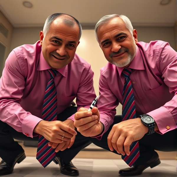 2 Hommes d affaire senior marocain accroupis avec longue cravate rayée bleuté et rouge    , il regarde la caméra et domine en piquant avec une seringue sa   hors champ de vision 
Vue contre plongée
Chemises rose foncée 
Sourire léger