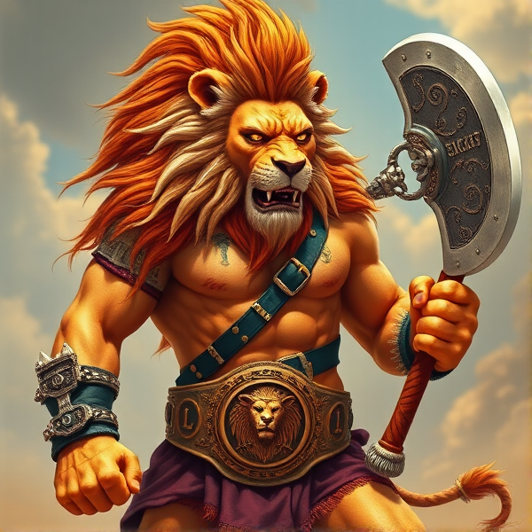 Un Lion barbare dieux du soleil une hache comme Léo escanor, avec des poils de lion et une carrure imposante et avec la ceinture de LA KNIGHT le catcheur et ces lunettes de soleil, il a un tatoo avec marqué LA KNIGHT