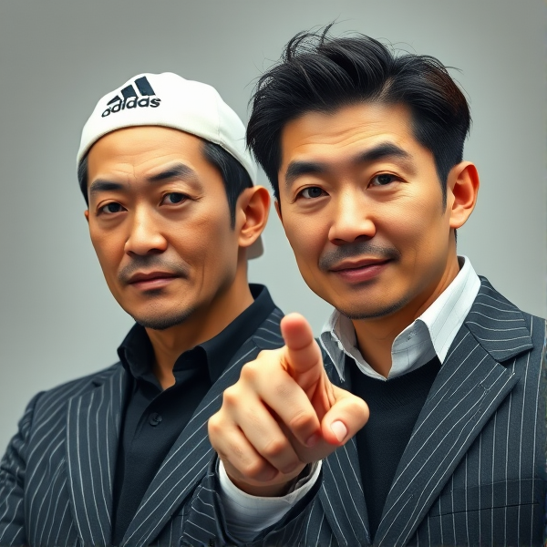 Deux hommes d'affaires japonais puissants accroupis, portant des casquettes Adidas et des cravates rayées longues et des oreillettes Apple  Leurs visages affichent un regard fâché et hypnotique et furieux  pointing , regard dominant, sourcils levés, envoûtant
Ils sont complices et conquérants , ils dominent 
Tête et sourcil haut , accroupis