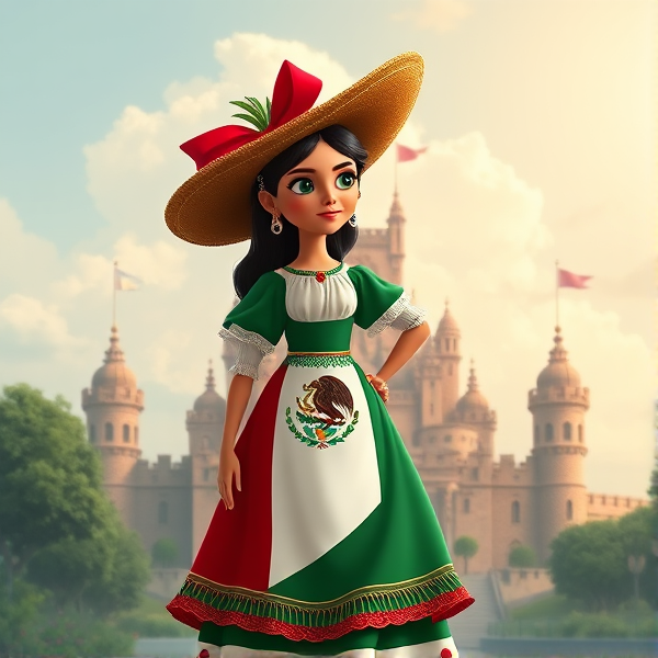 Muñeca con vestido verde blanco y rojo y en el centro el símbolo de la bandera de México con el fondo de un castillo animado Pixar