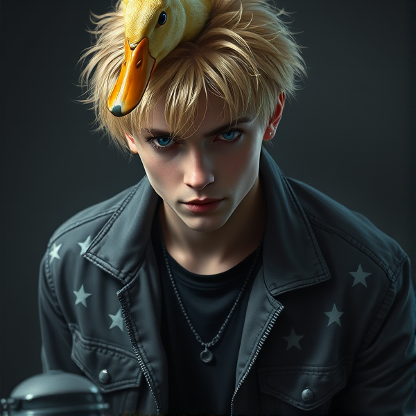A duck on a guys head. The guy has messy light blonde hair that slightly goes over his eyes. His eyes are an icy blue. He has a Grey jack with white starts half open. A black undershirt. And ripped black jeans with a chain.