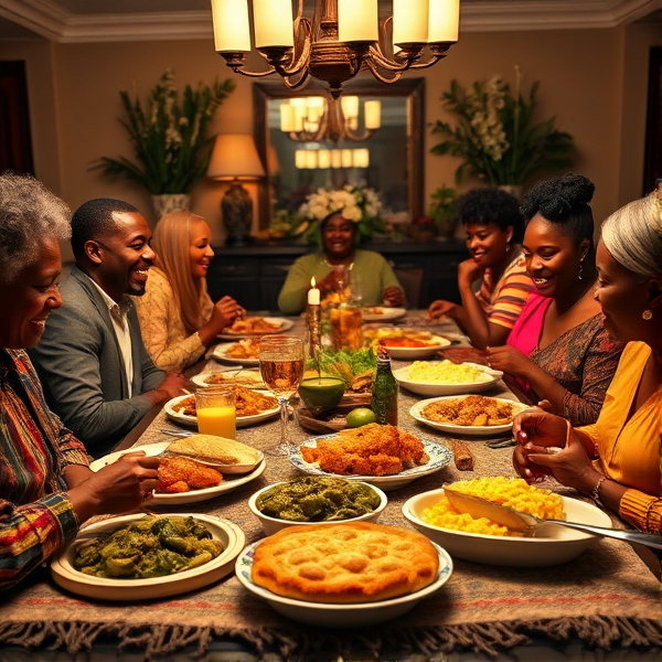 A lively African American big family gathering around a richly adorned dinner table, sharing a traditional soul food meal with dishes such as fried chicken, collard greens, macaroni and cheese, cornbread, and sweet potato pie, all set in a warm and inviting dining room filled with laughter and storytelling