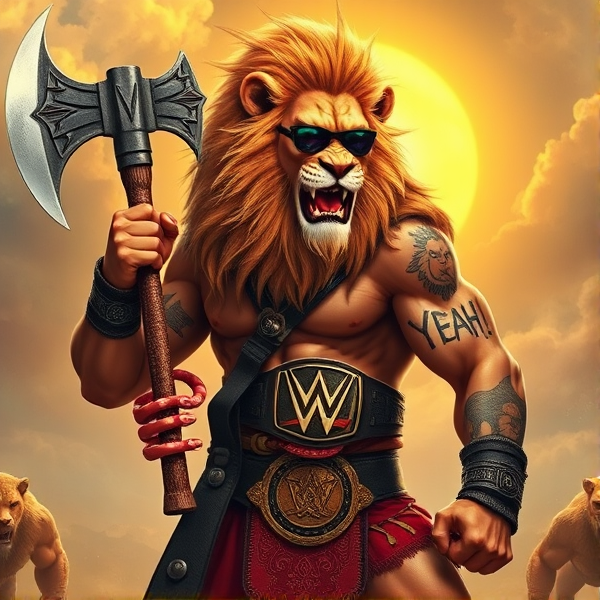 Un Lion barbare dieux du soleil une hache, avec des poils de lion et une carrure imposante et avec la ceinture de la wwe le catcheur et ces lunettes de soleil, il a un tatoo sur le bras écris YEAH!