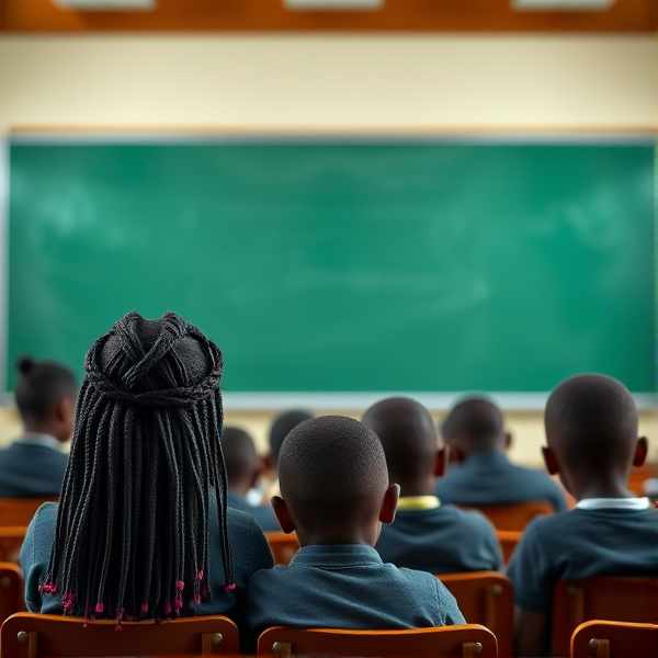 des filles noires de huit ans avec des tresses africaine et garçons assis dans une classe face au tableau vert