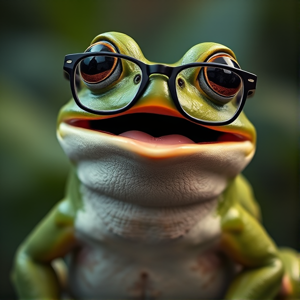 Frog with open mouth and glasses and a beard