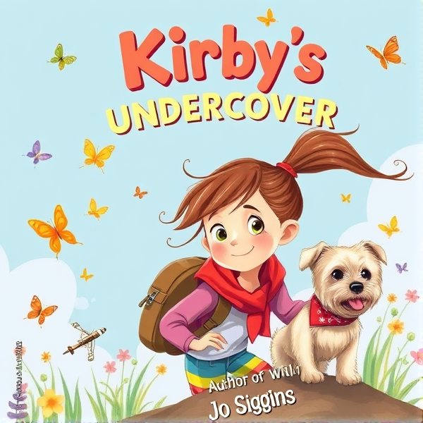 Bright and whimsical book cover design featuring a 10 year old with brown ponytail with red ribbon as the protagonist on an adventurous journey, bursting with vivid colors and elements that appeal to 10-year-old girls such as butterflies and pretty birds, and friendly cream long haired scruffy small terrier dog with red bandana around neck. The artwork should capture the essence of a childlike wonder and the excitement of exploration, ideally incorporating symbols of adventure like compasses, binoculars, or hidden paths. The typography should be bold and inviting, resonating with young readers' imagination and sense of fun. The title is Kirby’s Undercover Adventures. The author name is Jo Siggins. The style should realistic hand drawn illustration