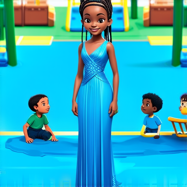 Jeune fille africaine de 8 ans, portant des tresses africaines serrées et élaborées, vêtue d'une longue robe bleue, souriante et rayonnante de joie, debout au centre d'une cour de récréation avec des eleves