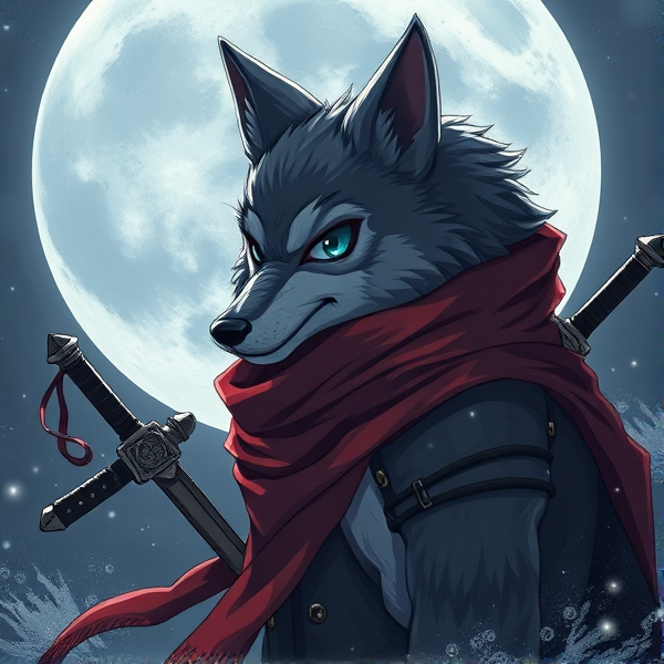 Loup roublard maitre de la lune avec un foulard rouge autours du cou et avec deux épées dans le dos