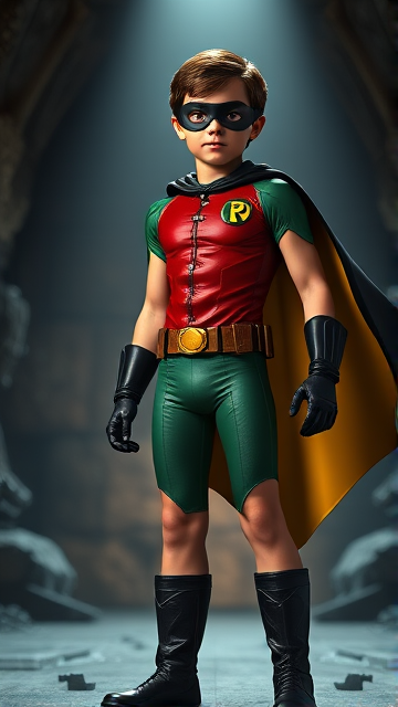 Movie Scene: A medium, preteen 12-year old boy with light skin and dark brown hair named Connor Bardley, but dressed as Robin, The Boy Wonder, with an extremely muscular body, a sleek green suit with a red torso with a black circle with a yellow R symbol on his left pectoral, a gold utility belt, black boots, black long-cuffed gloves, a big, heel-length, ultra-wide collared cape that's black on the outside and yellow on the inside, and a black eye mask, standing in his secret high-tech underground lair, the Bird Cave, ready for action.