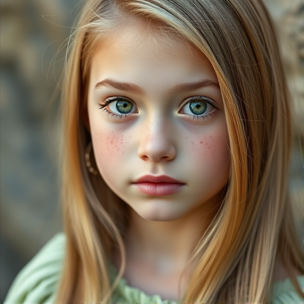 a girl her hair is long smooth perfectly framing her face blonde golden really and straight with small curls looking perfect and she wears a casual but stunning light green dress bringing out her light stunning jade green eyes and freckles with a slight pink on her cheeks her skin is flawless and looks blended so well almost like she’s wearing make up but she’s  not she effortlessly looks like a literal princess