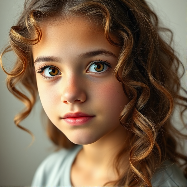 A 14 year old girl with long curly brown hair, short eyelashes, high-ish cheek bones, brown eyes, medium thick eyebrows, medium thick lips, slight tan skin, slight natural blush. In realism