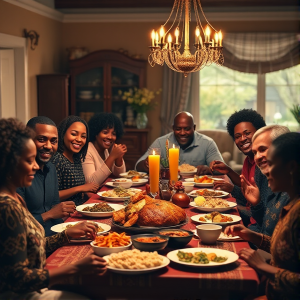 repas chaleureux d'une grande famille afro-américaine réunie autour d'une table festive, sourires et complicité, cuisine traditionnelle, intérieur accueillant