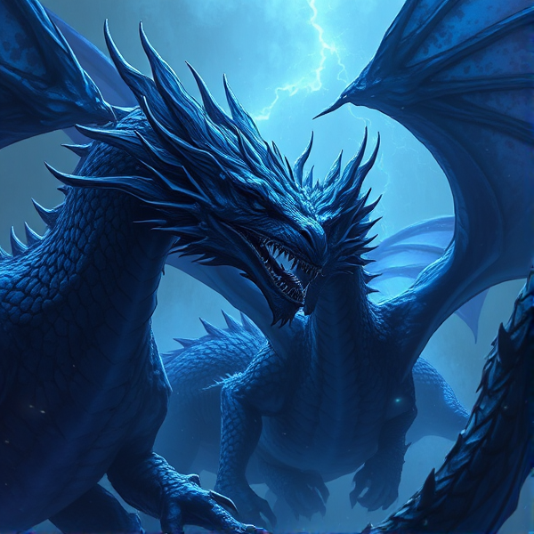 Cinematic blue purple black dragons in a dramatic scene