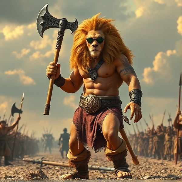 Un Lion barbare dieux du soleil une hache comme Léo escanor, avec des poils de lion et une carrure imposante et avec la ceinture de LA KNIGHT le catcheur et ces lunettes de soleil, il se trouve dans un champs de bataille et ces le seul vivant